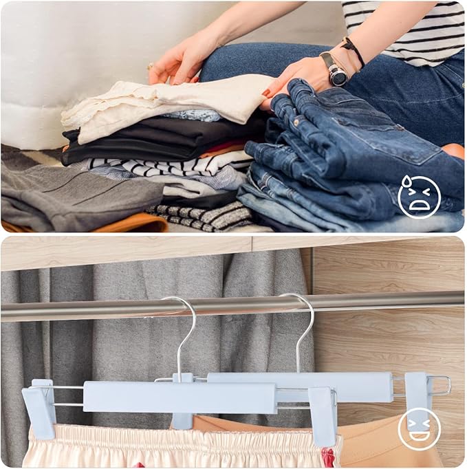 Clothes Pants Hangers, Space-Saving Skirt Holders with 360 ° Swivel Hooks, Adjustable Clips, Trouser Hangers, Clothes Coat Garment Jeans Hangers (10 Pack, Blue)