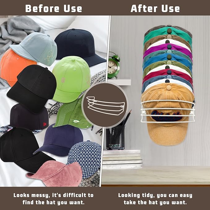 Hat Organizer for Baseball Caps, 2-Pack Beige White Metal Hat Rack for Wall Door, Adhesive/Wall Mounted Hat Storage Holder Small Closet Organizers and Storage Solution Ideas