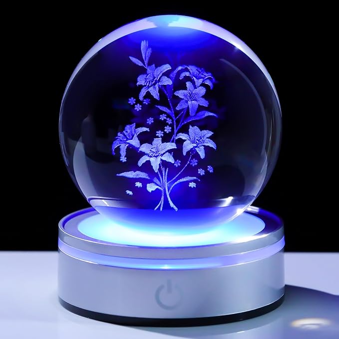 Movdyka 3D Laser Etched Lily Crystal Ball with Color-Changing LED Base – Elegant Blooming Flower Lamp for Home Decor, Unique Gift for Women & Men