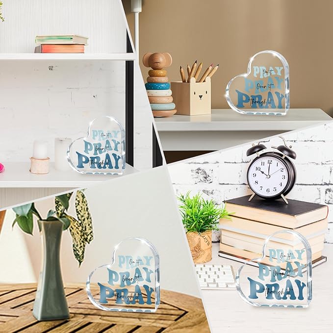 Blue Religious Christian Decor for Woman, Blue Heart Shape Gift for Birthday Dorm Living Room Church Table Desk Bookshelf, Office Accessories Decoration Art Sign, Pray Through It, Valentines Day Decor