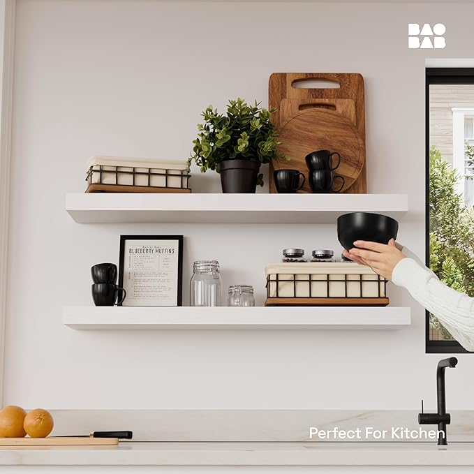 BAOBAB WORKSHOP Wood Floating Shelves for Wall 30 Inches Long, White Solid Wooden Bathroom Shelf Large, Heavy Duty Wall Shelf 30 Inch Kitchen Bedroom Thick, White Finish, 30W × 6.7D, Set of 2