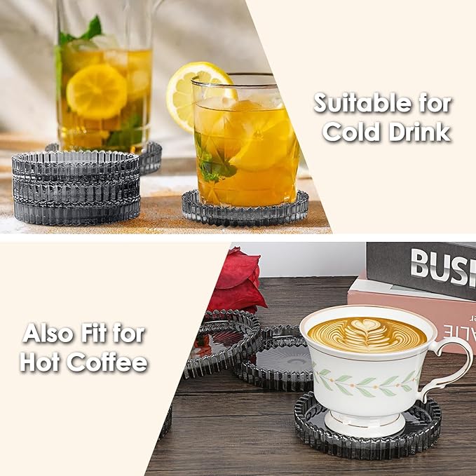 Modern Clear Coaster Set of 5- Glass Coasters for Drinks Crystal Coasters Round Cup Coasters Coffee Table Decor for Office, Kitchen, Bar, Dining Room, Living Room, Patio (Clear Black)
