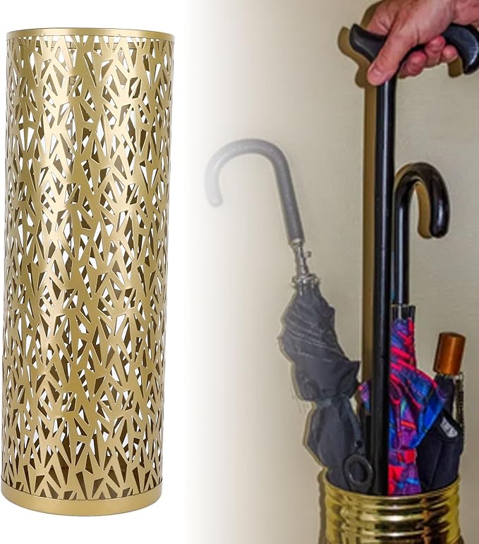 BEIJIALY Metal Umbrella Holder, Umbrella Stand Rack for Entryway, Metal Hollowed Freestanding Round Umbrella Holder Organizer Bin for Home Hotel Office Decor(Gold Small)