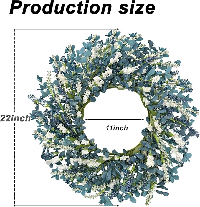 22 Inch Blue Floral Wreath for Front Door, Artificial Spring Summer Wreath with Free Pink Sash, All Seasons Eucalyptus Greenery Wreath for Indoor Outdoor Home Wall Wedding Decor