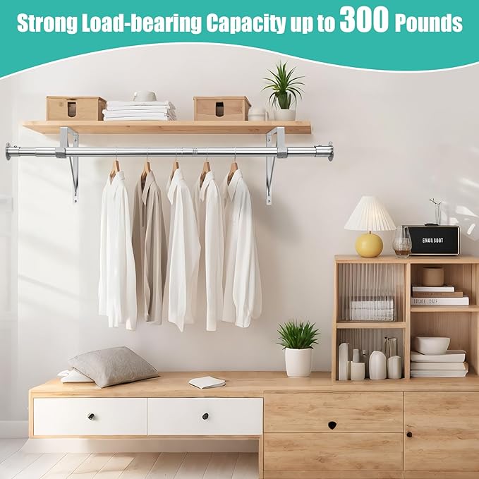 Closet Rod, 16 to 87 Inch Closet Rods Heavy Duty Adjustable Wardrobe Poles for Hanging Clothes and Heavy Duty Bracket Closet Pole Support (The Shelf NOT Included)(Silver)