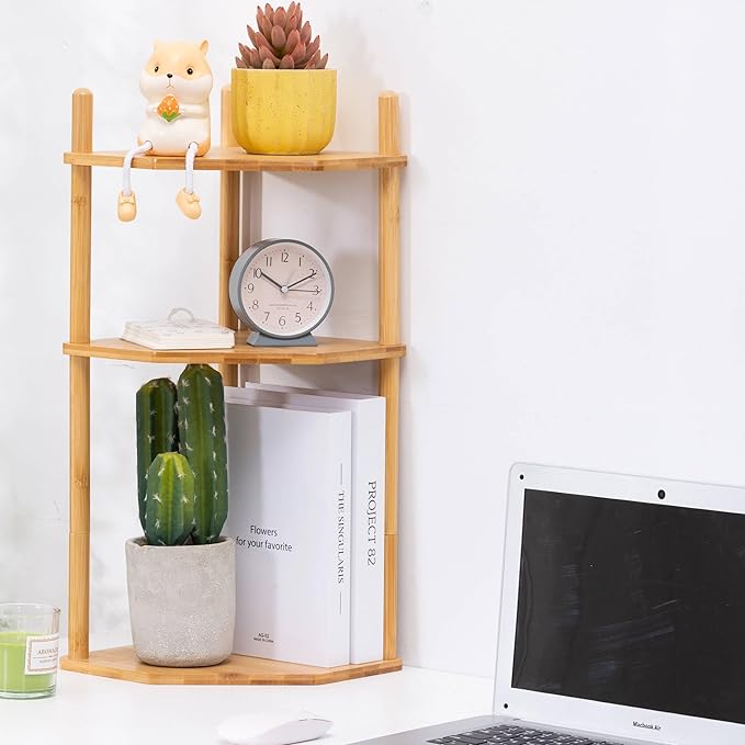 3-Tier Expandable Bamboo Corner Shelf - Dish/Plate Organizer for Cabinet, Kitchen Counter Shelf & Small Kitchen Shelf, Adjustable (Natural, 1-Pc 11.4" H)