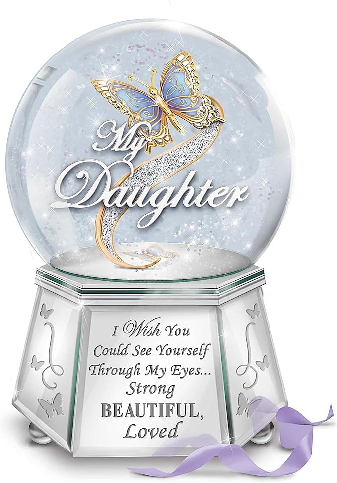 Daughter, You are Strong, Beautiful & Loved Mirrored Musical Glitter Globe with Enameled Butterfly