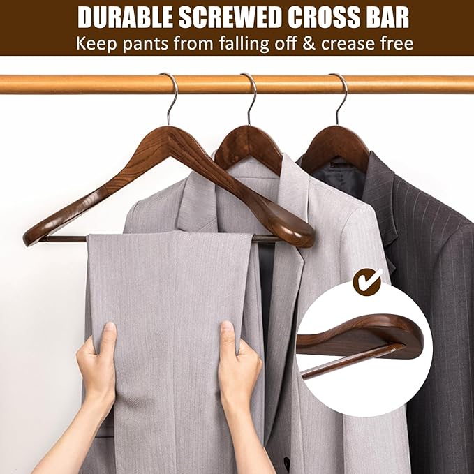 Amber Home 6 Pack Walnut Wide Shoulder Wooden Suit Hangers, Wood Coat Hangers with Non Slip Pants Bar, Clothes Hangers for Jackets, Sweaters, Pants & Heavy Clothes (Vintage, 6 Pack)