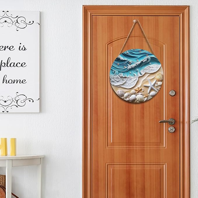 Beach Signs Coastal Coral Wreath for Front Door Hello Summer Door Hanger Nautical Sea Welcome Sign Ocean Starfish Theme Decorations Wooden Plaque for Indoor Wall Hanging Outdoor Outside Porch 12"x12"