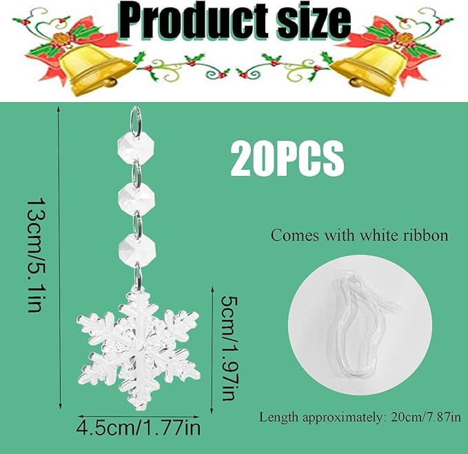 20 Pcs Plastic Winter Snowflake Drip Ornaments Xmas Tree Hanging Decorations for Christmas Tree Wedding Birthday Party Home Window Door Decorations (Transparency)
