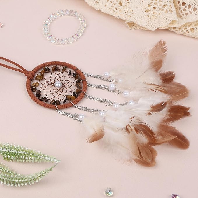 Pretty Jolly Crystal Stone Small Dream Catchers Brown Feathers Mini Dreamcatchers with Beads for Cars Rear View Mirror Hanging Decoration Good Luck Travel Charm Bedroom Ornaments for Women Girls