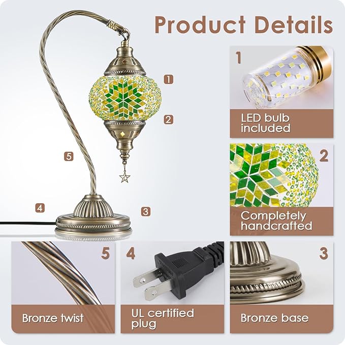 Yarra-Decor Turkish Moroccan Lamp with Bronze Base 3 Color Options Handmade Swan Neck Tiffany Mosaic Glass Bedside Lamps for Bedroom (LED Bulb Included)(6)