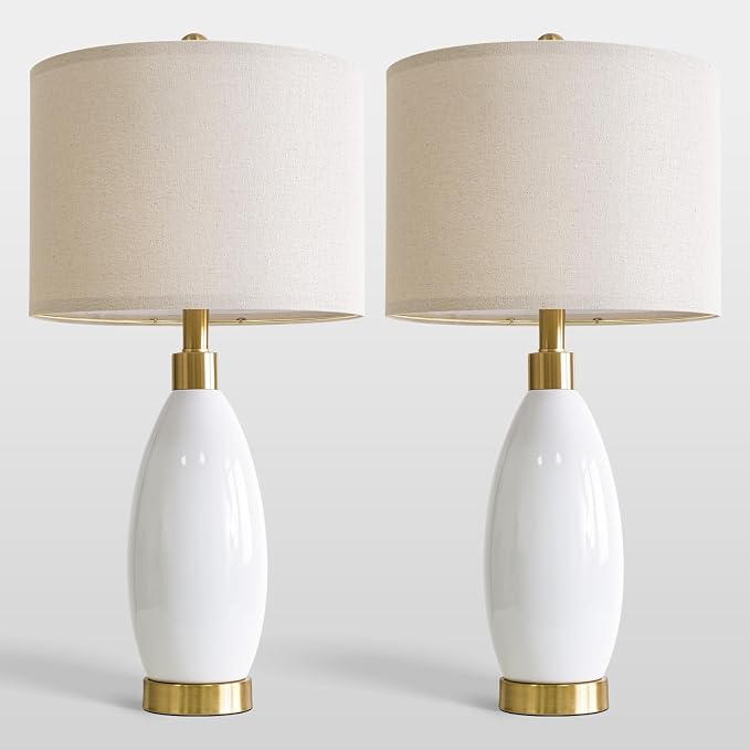 USumkky 24" White Oval Ceramic Table Lamp Set of 2, Modern Minimalist Bedside Nightstand Lamps for Bedroom Living Room, Linen Shade & Gold Metal Base, Rotary Switch E26 (Bulbs Excluded)