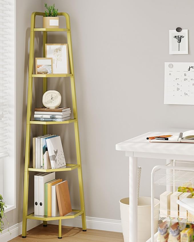 CHOEZON 5-Tier Corner Shelf, 59.6” Corner Storage Stand, Floorstanding Dispaly Rack, Tempered Glass Corner Bookshelf, Open Plant Stand, for Living Room, Bedroom, Study, Bathroom, Gold TCJ21GJ