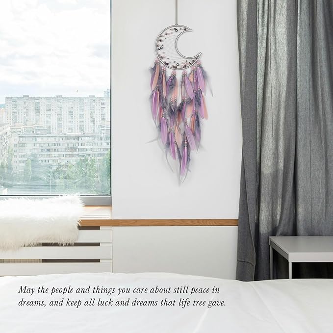 Pretty Jolly Moon Dream Catchers Wall Decor with Crystals Crescent Handmade Dream Catcher Pink Grey Feathers Dreamcatchers Wall Hanging for Girls Bedroom Wedding Wish Blessing Gift