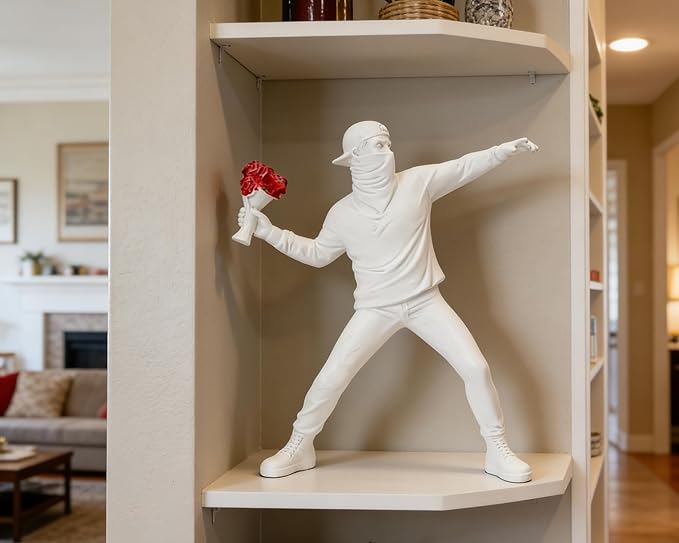 Banksy Flower Thrower Sculpture, 8.5 inch White Banksy Street Graffiti Art Statue Replica, Inspirational Sculpture Gifts Peace Hope