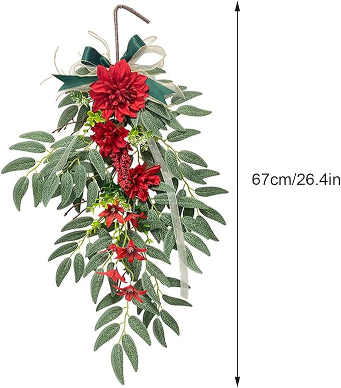 Artificial Hydrangea Teardrop Swag Hanging Floral Spring Swag Wreath with Willow Leaves Fake Plant Ivy Branch for Front Door Wedding Arch Window Wall Decor(Red)