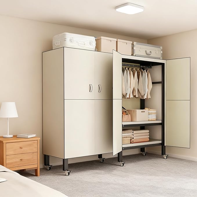 Heavy Duty Portable Closet with Cover Magnetic Doors, Metal Rolling Clothes Rack Heavy Duty 1500LBS, Foldable Clothing Rack, Garment Racks for Bedroom/ LivingRoom/ Rental (KT Off-white, 66.14in)