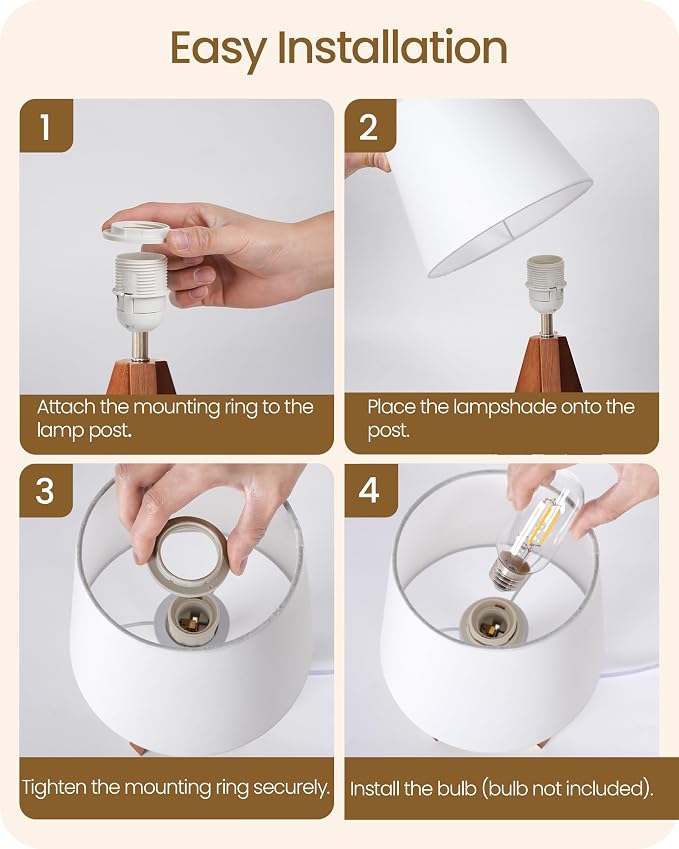 Tripod Table Lamp, Small Bedside Lamp with White Fabric Shade & Dark Wood Base, Modern Nightstand Lamp, Little Cute Desk Lamp for Bedroom, Kids Room, Living Room, Office, Study, LW51TL05