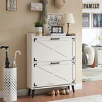 Shoe Storage Cabinet,Farmhouse Shoe Organizer with 2 Flip Drawers & Barn Door Design,Freestanding Hidden Slim Narrow Shoe Rack Cabinet for Entryway,Foyer,Hallway,Antique White
