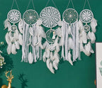 Boho Dream Catcher Wall Hanging Set of 5 Large Moon Dream Catchers with Luxurious Feathers and Beads, Handcrafted Wall Decoration for Bedrooms, Nurseries and Living Rooms (White)