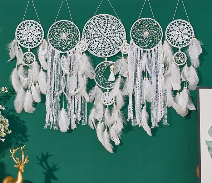 Boho Dream Catcher Wall Hanging Set of 5 Large Moon Dream Catchers with Luxurious Feathers and Beads, Handcrafted Wall Decoration for Bedrooms, Nurseries and Living Rooms (White)