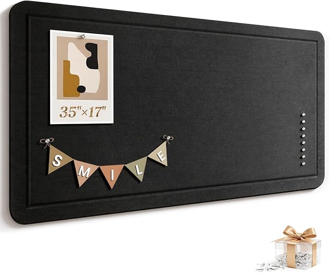 Large Bulletin Board, 60 X 36 Inches Felt Cork Board with 40 Pushpins, Foldable Felt Notice Pin Board Photo Display Board with Self-Adhesive Tape for Office Home School (Black, 35x17 inch)