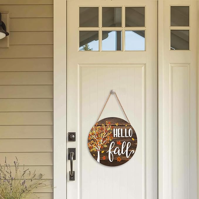 Hello Fall Wreath for Front Door Fall Tree Welcome Door Sign 12x12 Inch Autumn Maple Leaves Wood Door Hanger Farmhouse Thanksgiving Hanging Plaque for Home Porch Wall Indoor Outdoor Decorations