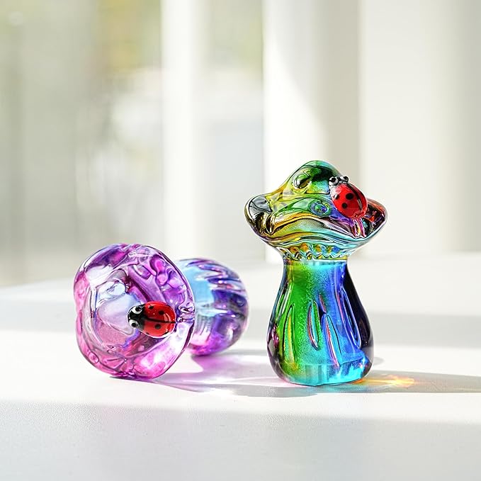 H&D HYALINE & DORA Crystal Mushroom Ladybug Figurine Handmade Glass Plant Figurine Collectible Kitchen Decor Mushroom Gifts for Women (Purple)