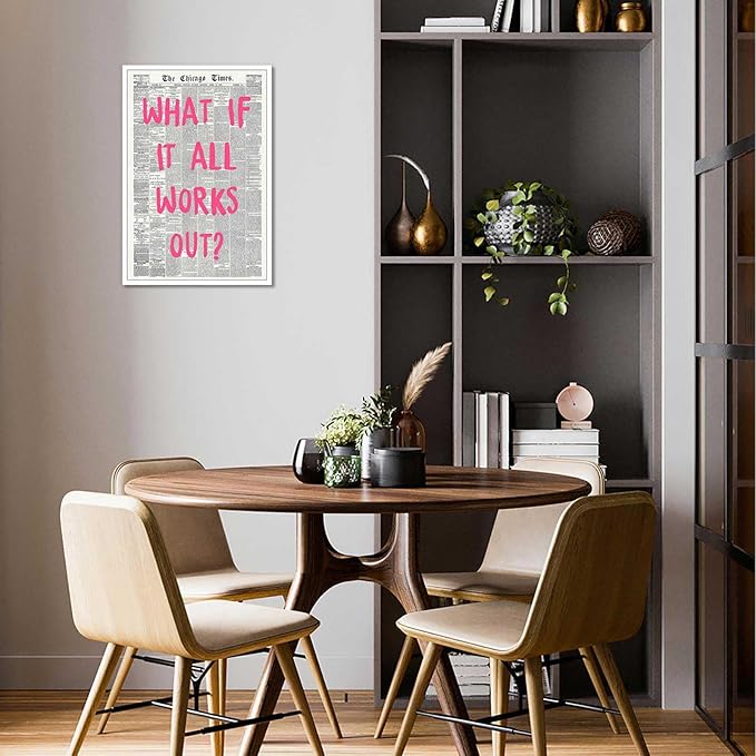 Drimiler What If It All Works Out Poster Retro Newspaper Pink Font Canvas Wall Art Positive Affirming Quote Minimalist Prints Painting For Home Bedroom Dorm Wall Decor 8x12in Unframed