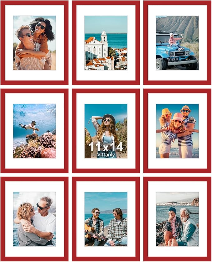 Vittanly 11x14 Picture Frames Set of 9, Shatter Resistant Plexiglass, Display 8x10 Pictures with Mat or 11x14 without Mat, Photo Frames for Wall or Tabletop, Engineered Wood, Red