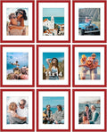 Vittanly 11x14 Picture Frames Set of 9, Shatter Resistant Plexiglass, Display 8x10 Pictures with Mat or 11x14 without Mat, Photo Frames for Wall or Tabletop, Engineered Wood, Red