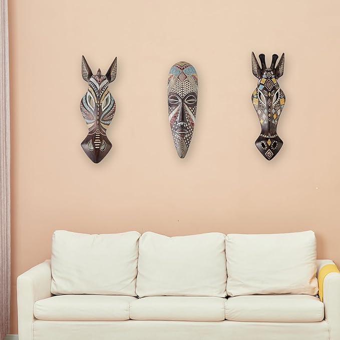 OTARTU 5 by 14 inch African Animal Giraffe Mask Wall Decor Sculpture Hand Carved Geometric on the Surface,Africa Style Wall Plaque