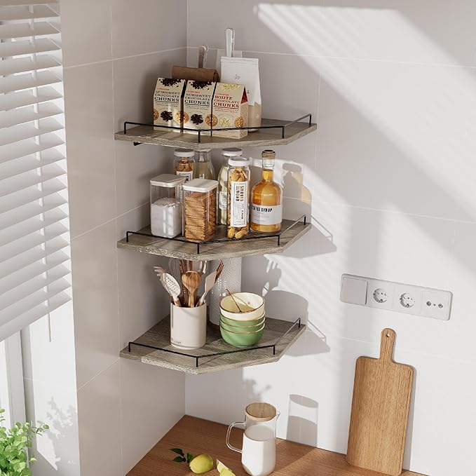 JJL Corner Shelf Wall Mounted, 12 Inches 3-Tier Floating Corner Shelf, Hexagon Rustic Wood Decor with Fence, Gray Wood Grain Floating Shelves for Apartment Bedroom Kitchen Bathroom