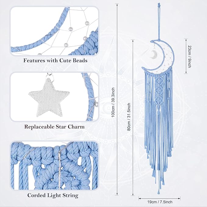 Boho Macrame Woven Wall Hanging, Crochet Crescent Moon Star Dream Catcher with Light- Blue Cotton Handmade Bohemian Home Decor Decoration Art for Kids Bedroom Nursery Dorm Room