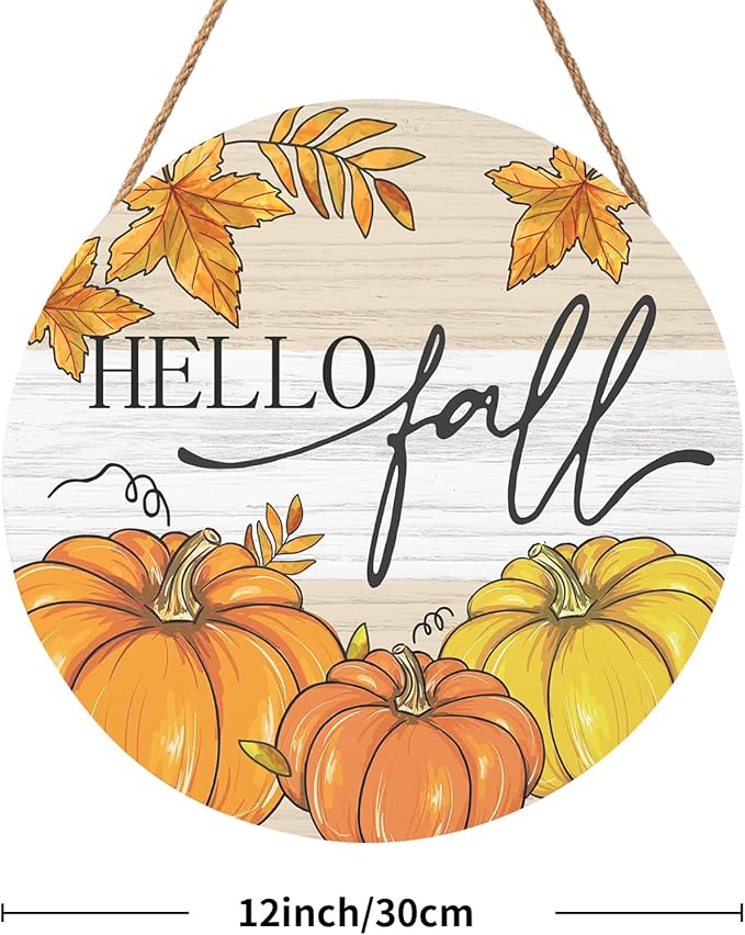 Hello Fall Welcome Sign Door Sign 12"x12" Fall Door Decorations Hanging Sign Farmhouse Pumpkin Round Wooden Sign for Home Front Door Wall Porch Yard Garden