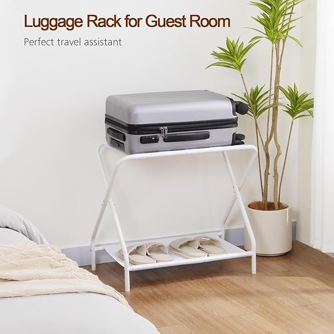 AMHANCIBLE Luggage Rack, Set of 2, Foldable Suitcase Stands for Guest Room, Metal Luggage Holder with Storage Shelf for Bedroom, Hotel, Easy Assemble, White HLR02WT