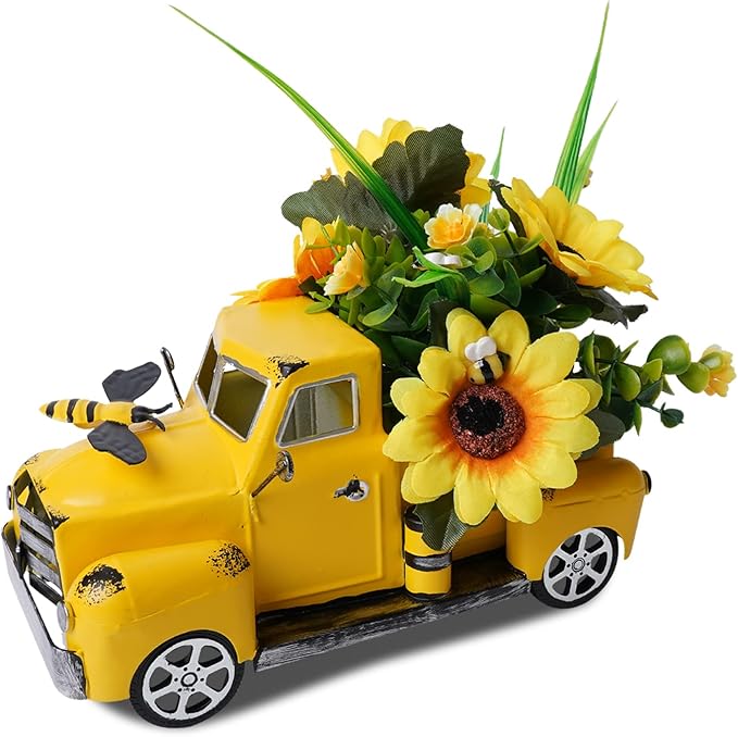 Metal Truck Decor with Sunflowers, Honey Bee, Fall Table Decor for Home, Farmhouse, Vintage Pickup for Living Room, Kitchen Table Centerpiece, Yellow