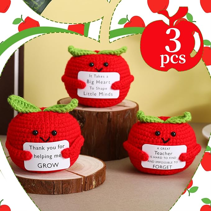 Wavwavw 3 Pack Teacher Appreciation Gift Positive Flower Handmade Crochet Doll Thank You for Helping Me Grow Gifts Back to School Gifts for Women Teacher(Apple)