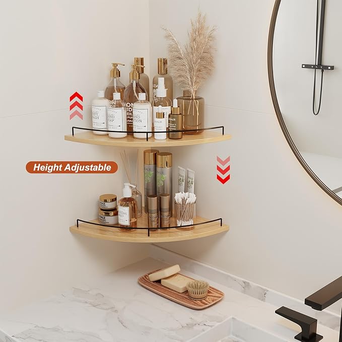 JJL Corner Shelf Wall Mounted, 12 Inches 2-Tier Floating Corner Shelf, Fan-Shaped Rustic Wood Decor with Fence, Natural Wood Grain Storage for Apartment Bedroom Kitchen Bathroom