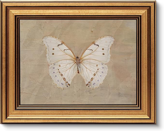 VIYYIEA Vintage Gold Framed Wall Art for Living Room, White Butterfly Canvas Prints Home Decor, Oil Painting Picture, Bedroom Wall Decor Gifts for Friends or Family -【Morpho polyphemus】-(10L x 8W)