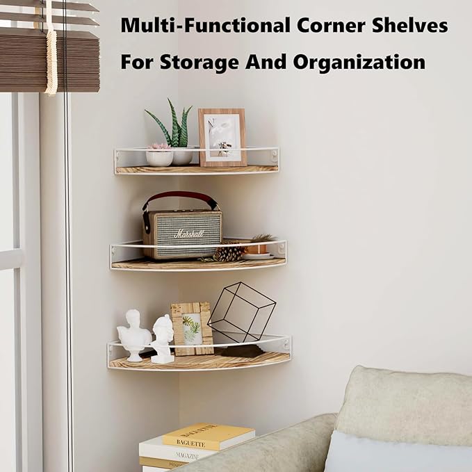 Corner Shelf Wall Mounted, Set of 3 Corner Floating Shelves with Cord Hole and Guardrail for Cable Box, Baby Monitor Pet Cameras, Speaker, Nursery Kitchen Living Room Bathroom, White