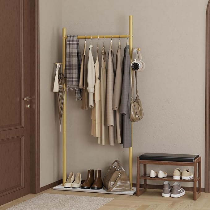 Nianerfaya Coat Hanger Stand with 2 Hooks, Standing Garment Storage for Indoor - Coat Tree for Hanging Clothes for Bedroom - 25.6" Wide Heavy Duty Clothe Rack Metal Clothing Hanger Rack (Gold)
