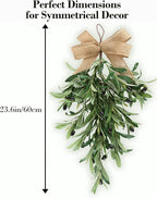 2 PCS Artificial Olive Teardrop Swag 23.6 Inch Large Faux Greenery Olive Branch Swag with UV Resistant Coating, Burlap Bow for Front Door Kitchen Cabinet Wall Lush Farmhouse All Seasons Decor