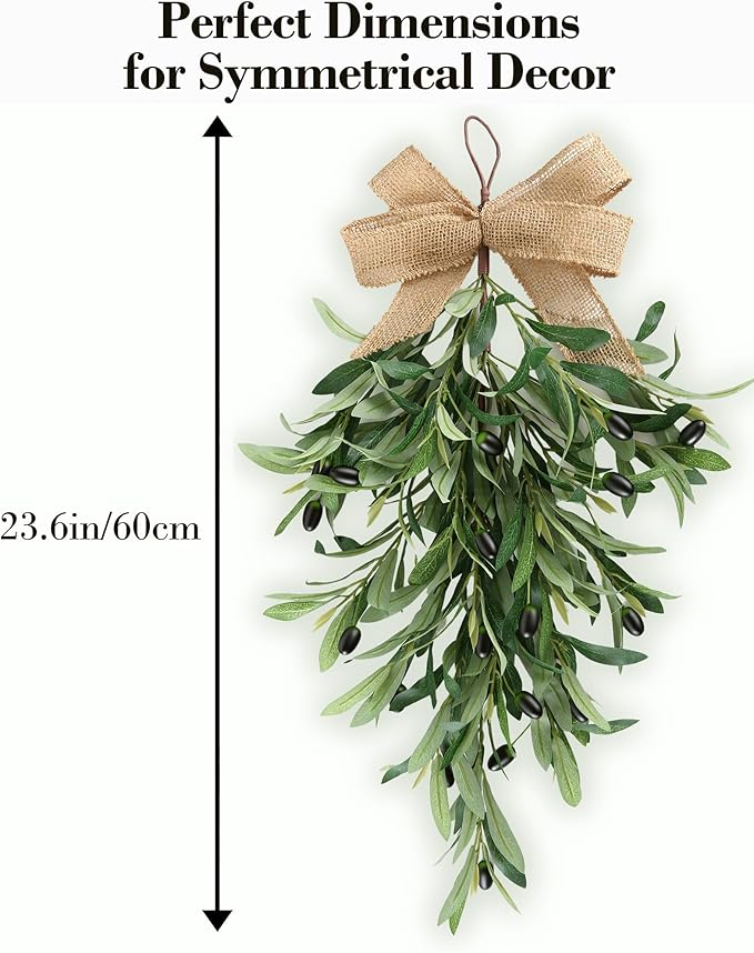 2 PCS Artificial Olive Teardrop Swag 23.6 Inch Large Faux Greenery Olive Branch Swag with UV Resistant Coating, Burlap Bow for Front Door Kitchen Cabinet Wall Lush Farmhouse All Seasons Decor