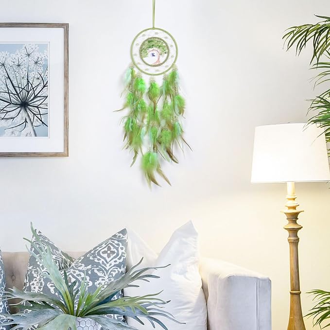 Pretty Jolly Green Tree of Life Dream Catcher Wall Decor with Luminous Beads Handmade Crystal Stones Dreamcatchers Wall Hanging with Small Butterfly Pendant for Bedroom Wedding Party Wish Gift
