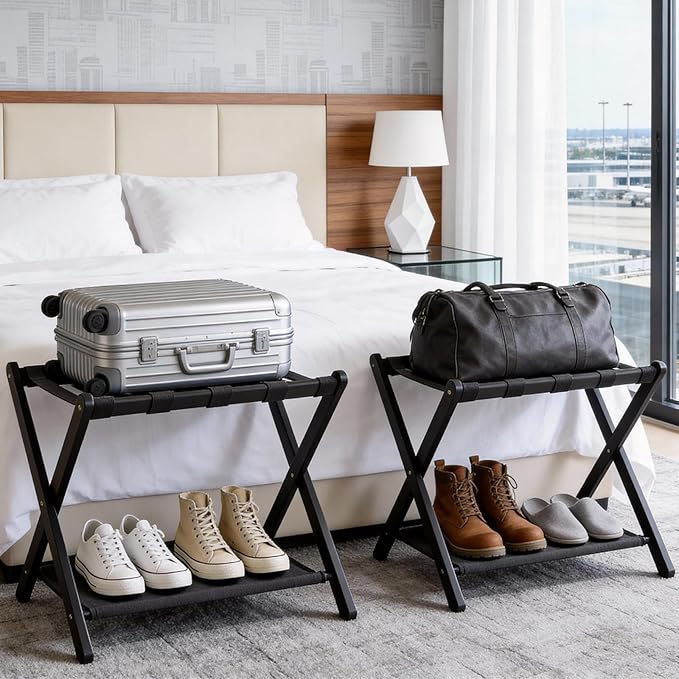 Fully Assembled Luggage Racks Set of 2, Bamboo Luggage Rack for Guest Room, Foldable Suitcase Stand with Fabric Storage Shelf for Bedroom, Hotel, Holds up to 165 lb, 26.77 x 16.93 x 22.5 Inches, Black