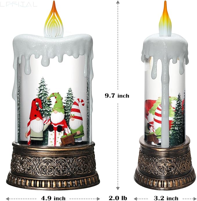 Christmas Snow Globe Gnome Snow Globe Lantern, Light Up Christmas Decorations for Home Musical Lantern Candle Shaped with Timer, Home Decor Festival Gife, USB & Battery Operated 10 Inch