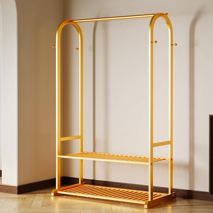 Gold clothing rack with bottom Storage shelves and 6 side hooks,Sturdy metal clothes rack for Hanging Clothes,Modern garment rack Wardrobe Rack for Bedroom or Boutique