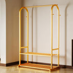 Gold clothing rack with bottom Storage shelves and 6 side hooks,Sturdy metal clothes rack for Hanging Clothes,Modern garment rack Wardrobe Rack for Bedroom or Boutique